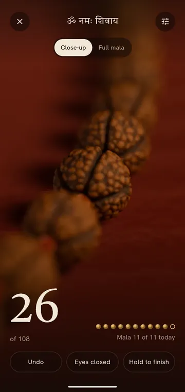 Counting on a close-up of a rudraksha mala, bead twenty-six of one hundred and eight