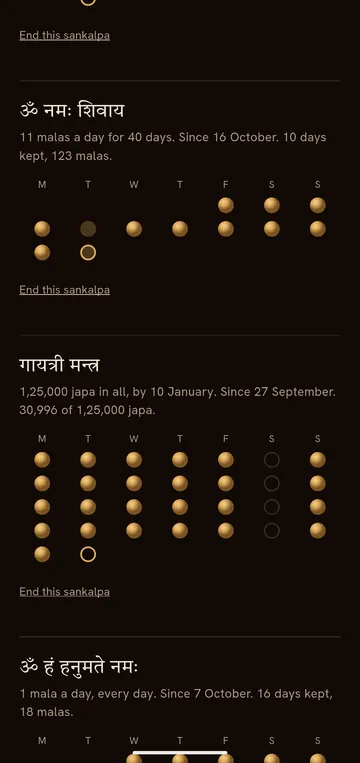 Your practice: a calendar of days kept for each sankalpa