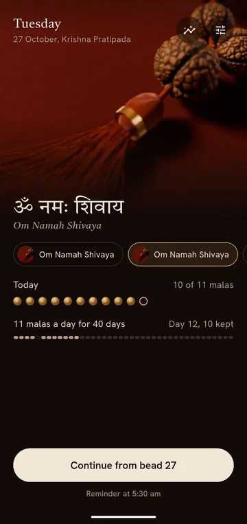 Today: Om Namah Shivaya, ten of eleven malas today, day twelve of forty